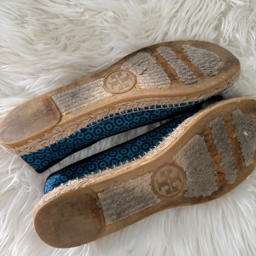 Tory Burch Canvas Ballet Espadrille Flats Navy Blue Geometric Print Bow Shoes 9